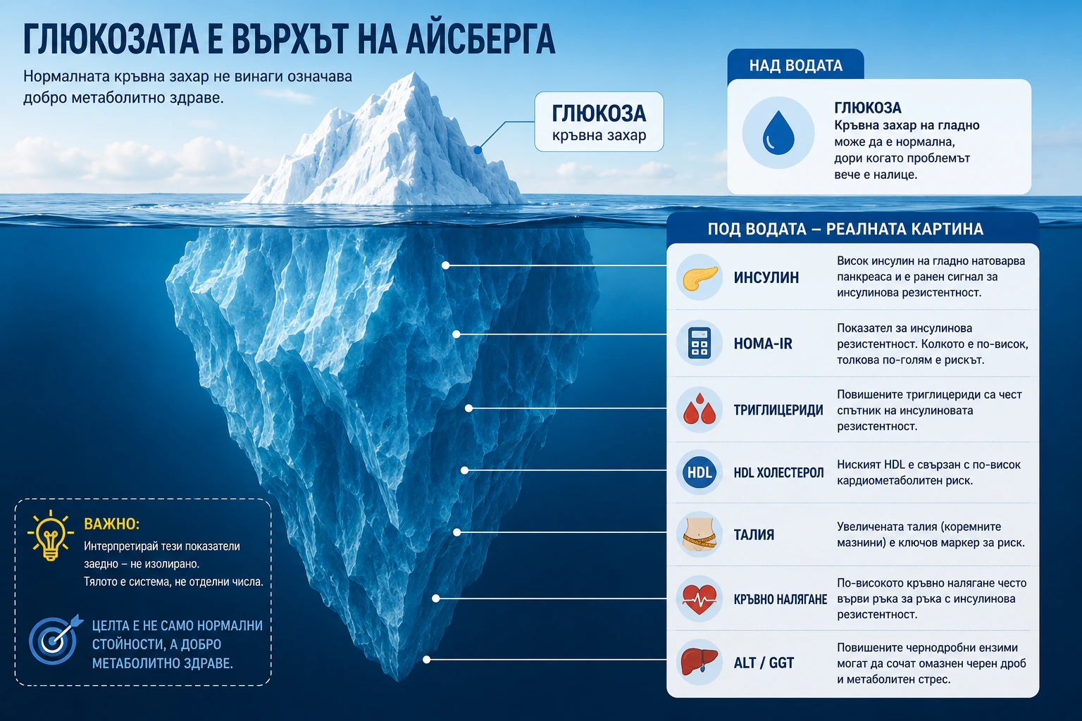 Айсберг инфографиката, която показва, че глюкозата е само един показател, а под нея стоят инсулин, HOMA-IR, липиди, талия и чернодробни ензими.