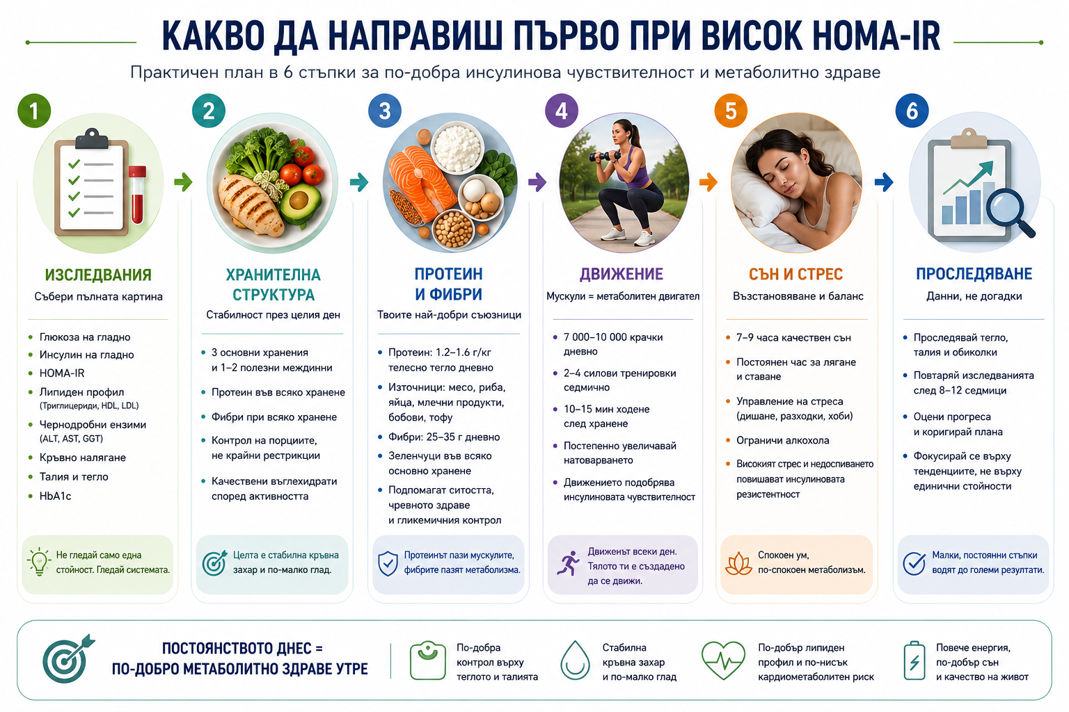 Практическата схема, показваща план при висок HOMA-IR: изследвания, хранене, движение, сън и проследяване