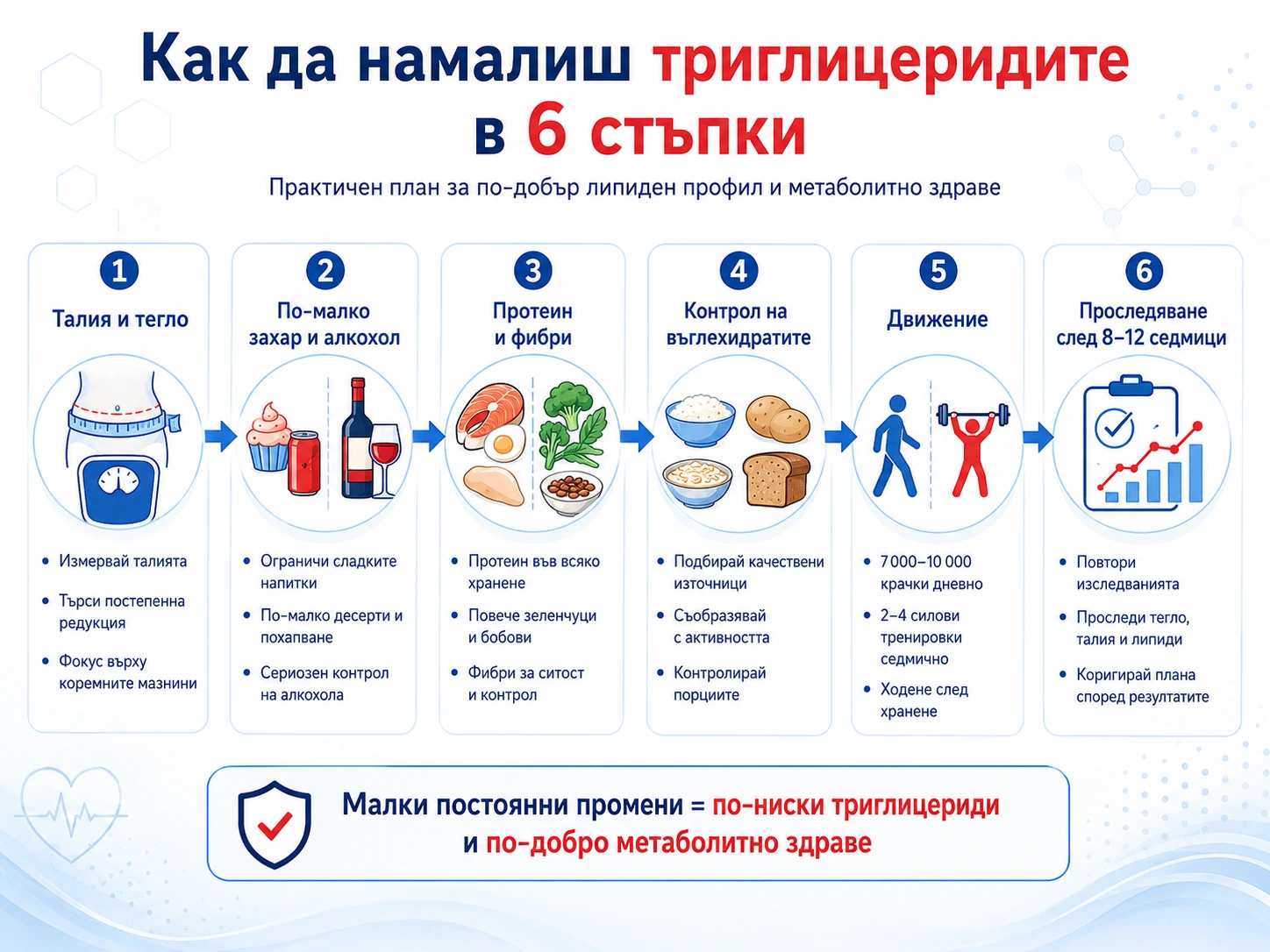 Схема показваща нагледно описаното в текста как да се намалят триглицеридите