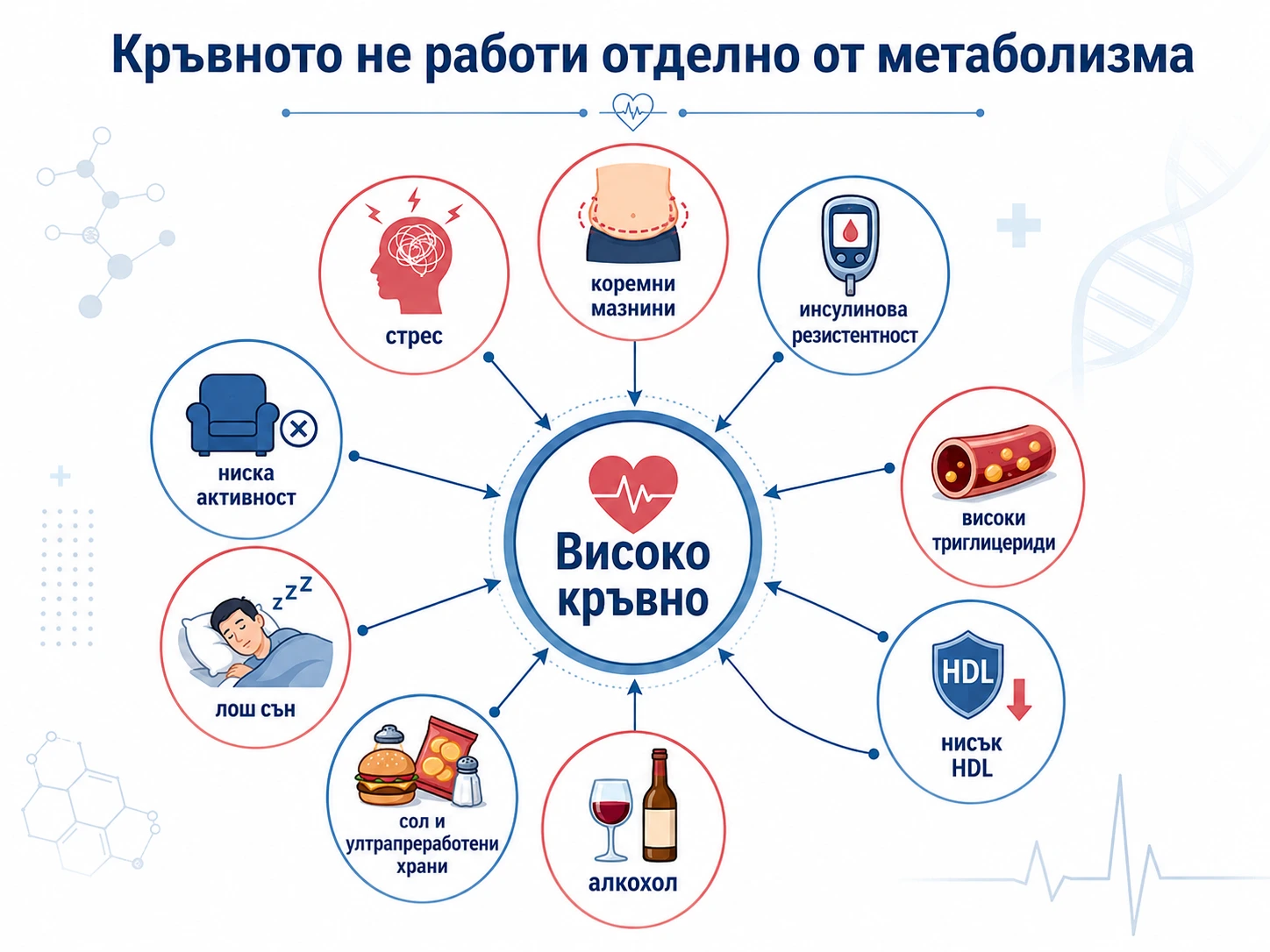 Схема онагледяваща признаците за високо кръвно налягане
