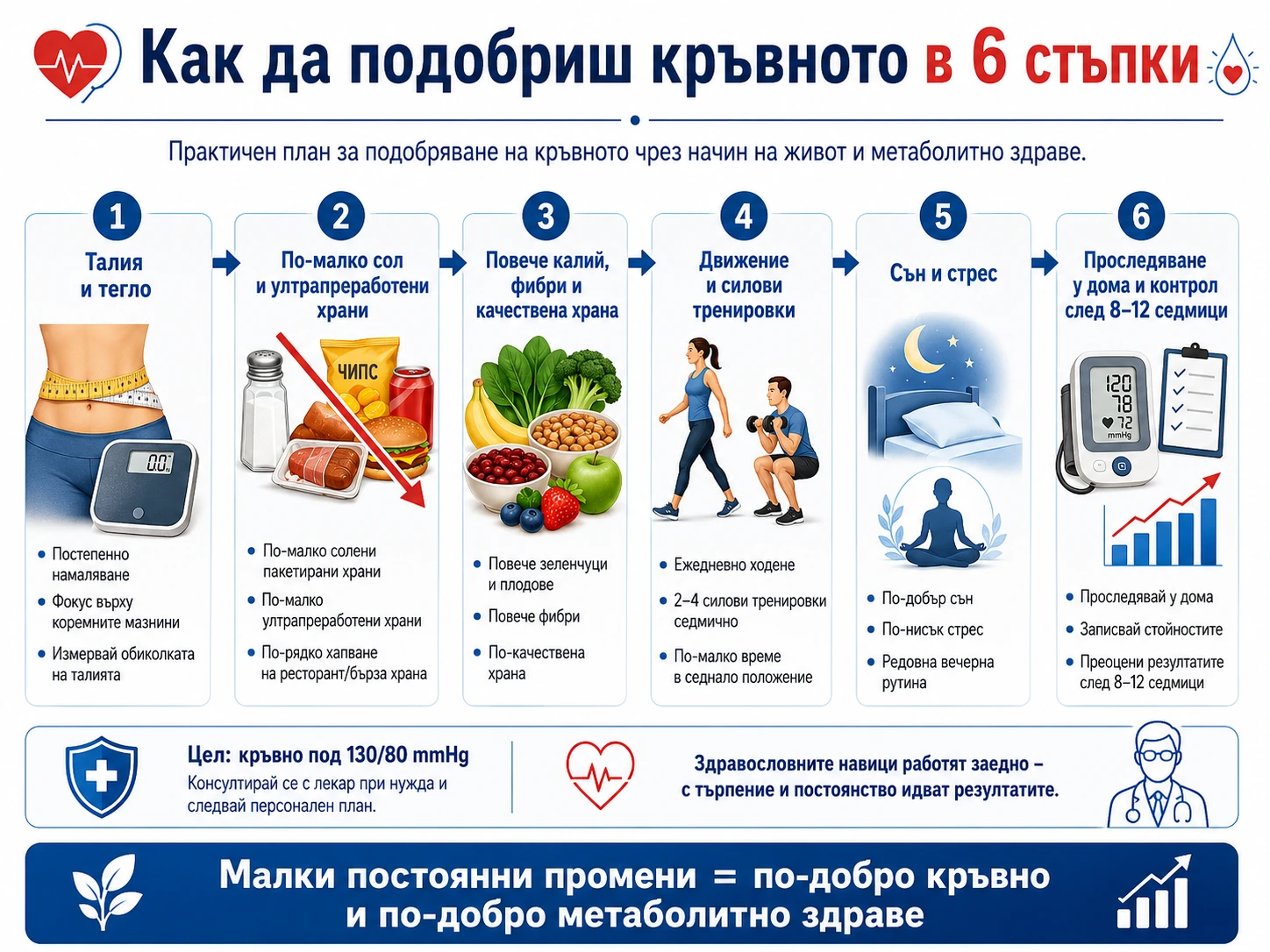 Диаграма показваща стъпките за справяне с високо кръвно налягане